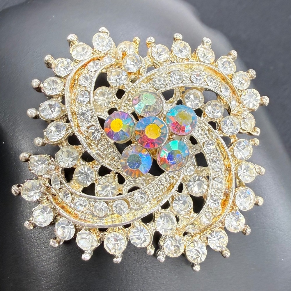 Vintage Style Gold Tone Aurora Borealis Clear Rhinestone Sunburst Swirl Brooch